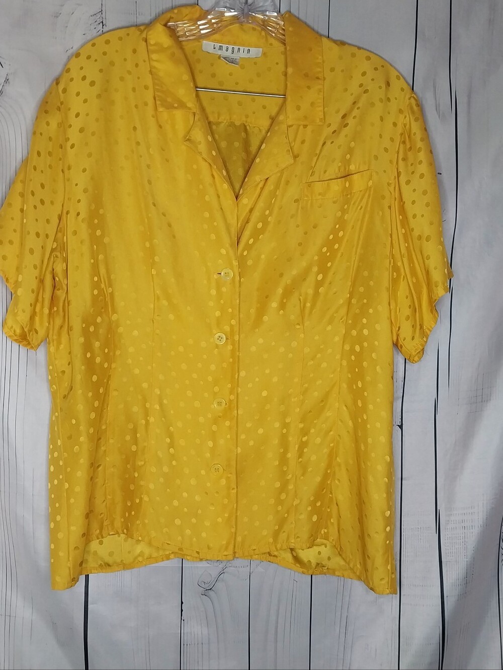 I. Magnin Vintage Retro Yellow Polka Dot Coquette Short Sleeve 100% Silk Blouse